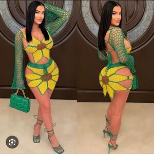 Fashion Nova Green and Yellow Crochet Mini Dress